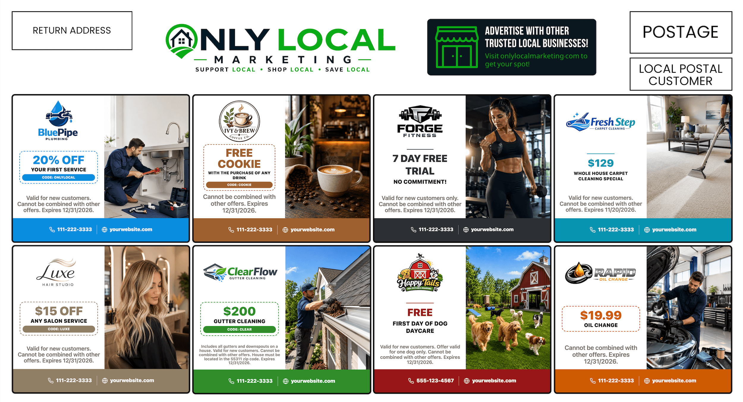 Back side of the Only Local Marketing shared postcard